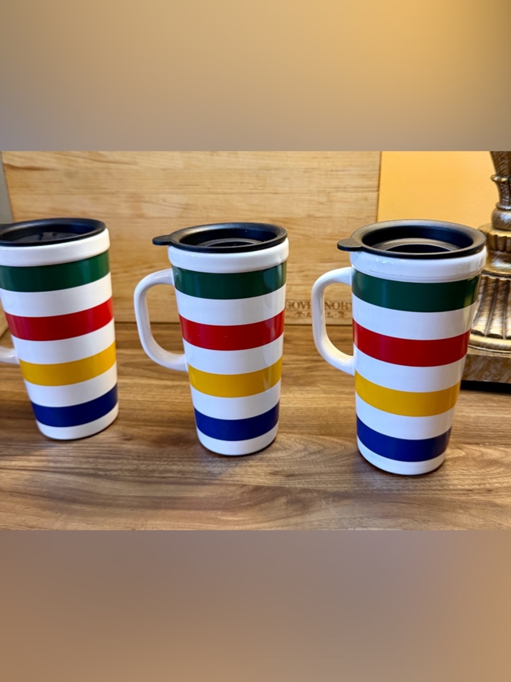 Set of 3x 10 oz Ceramic Hudson Bay Stripes  Handled Travel Mugs